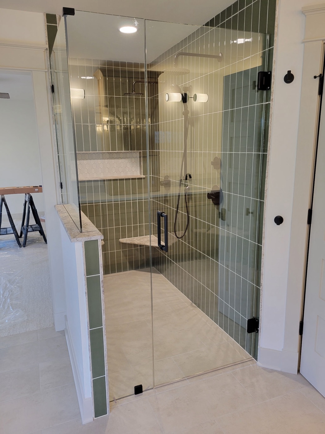 Vertical green stacked-tile walk-in shower