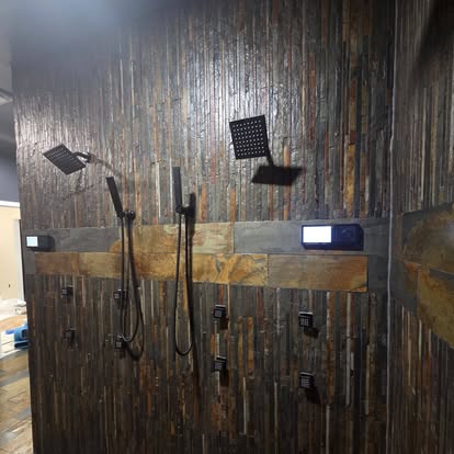 Natural slate multi-head walk-in shower